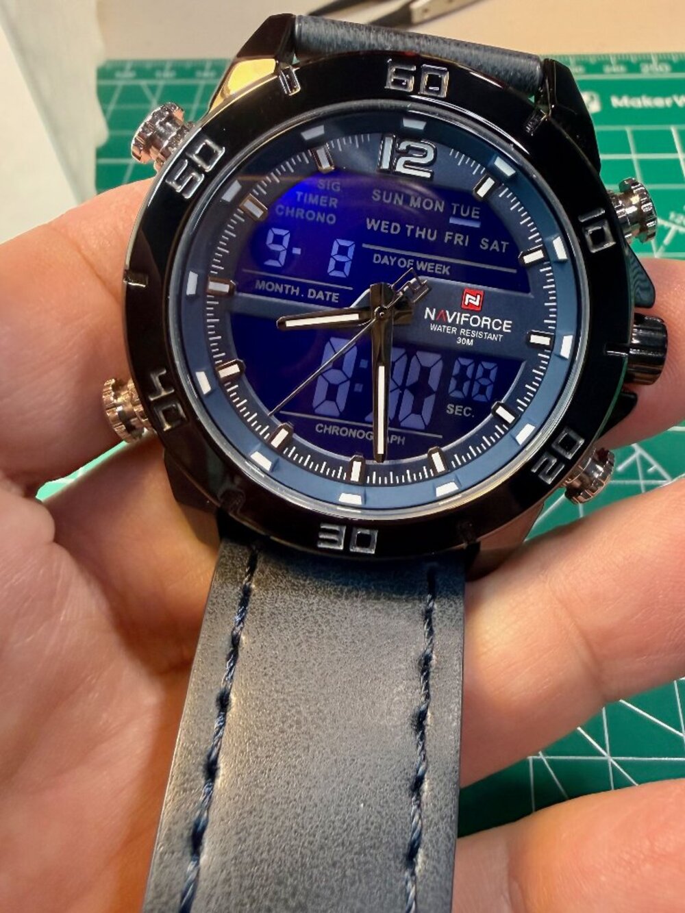 Naviforce Mens Watch Ani Digi Analog Digital leather band Blue and Black